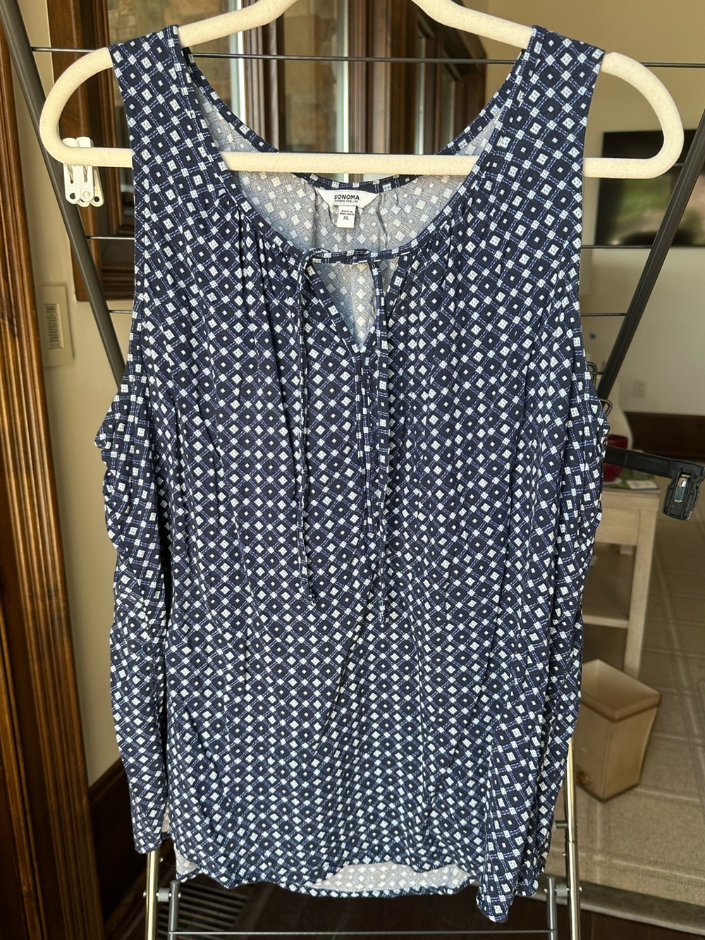 Sonoma Navy and White Printed Sleeveless Tie-Neck Camisole